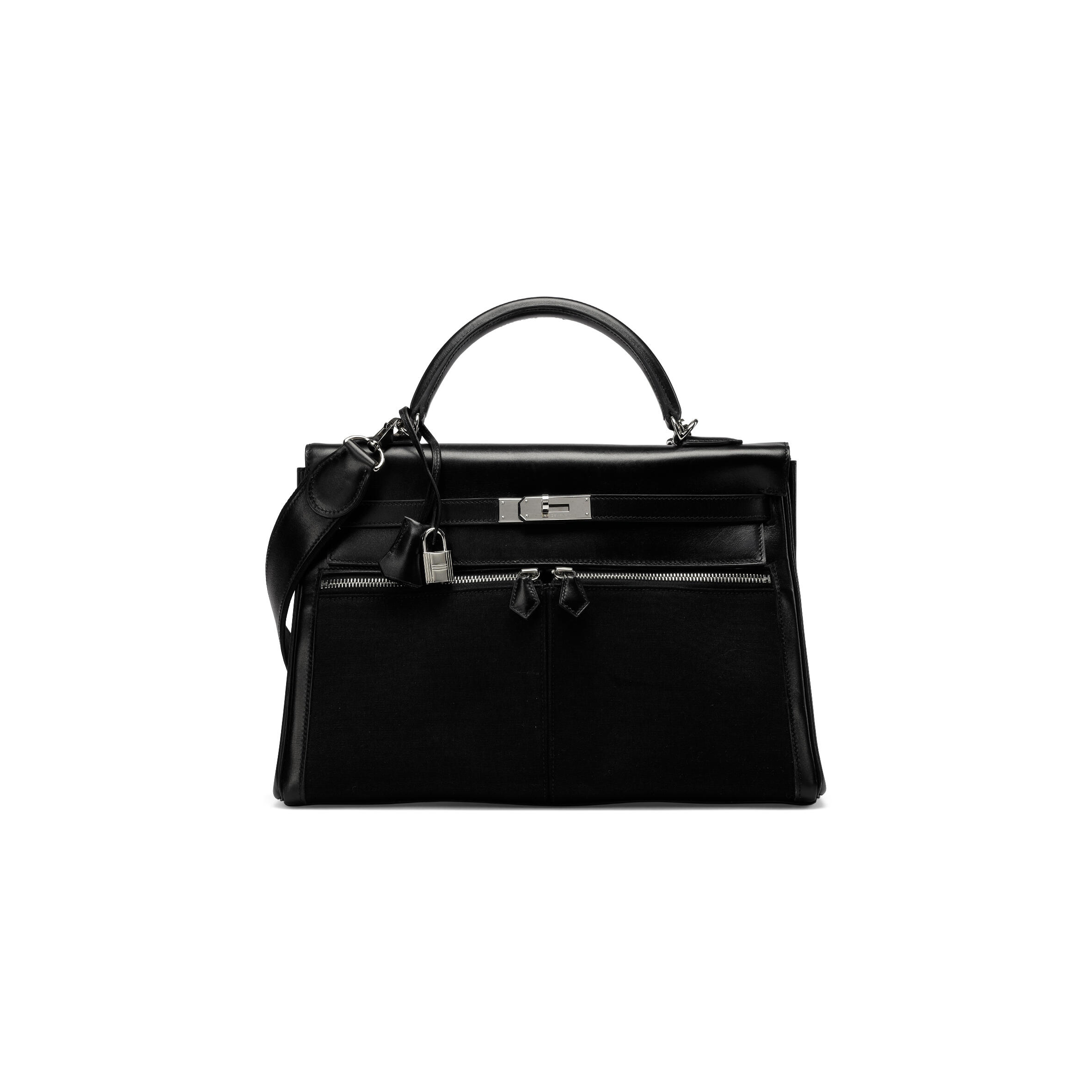 H**mes A BLACK SWIFT LEATHER & CANVAS KELLY LAKIS 32 WITH PALLADIUM HARDWARE (32*23*10cm)